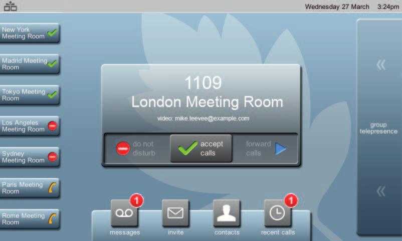 Connected devices indicators Meeting room name and dialing details Call acceptance slider Favorites Camera Control New message indicator Messages Invite Contacts Recent calls indicator Recent calls