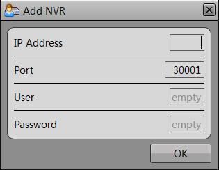 Enter the IP address, port, user name, and password of the NVR to be added. Port is set to 30001 by default. Figure 5-11 Add NVR page Step 2 Click OK.