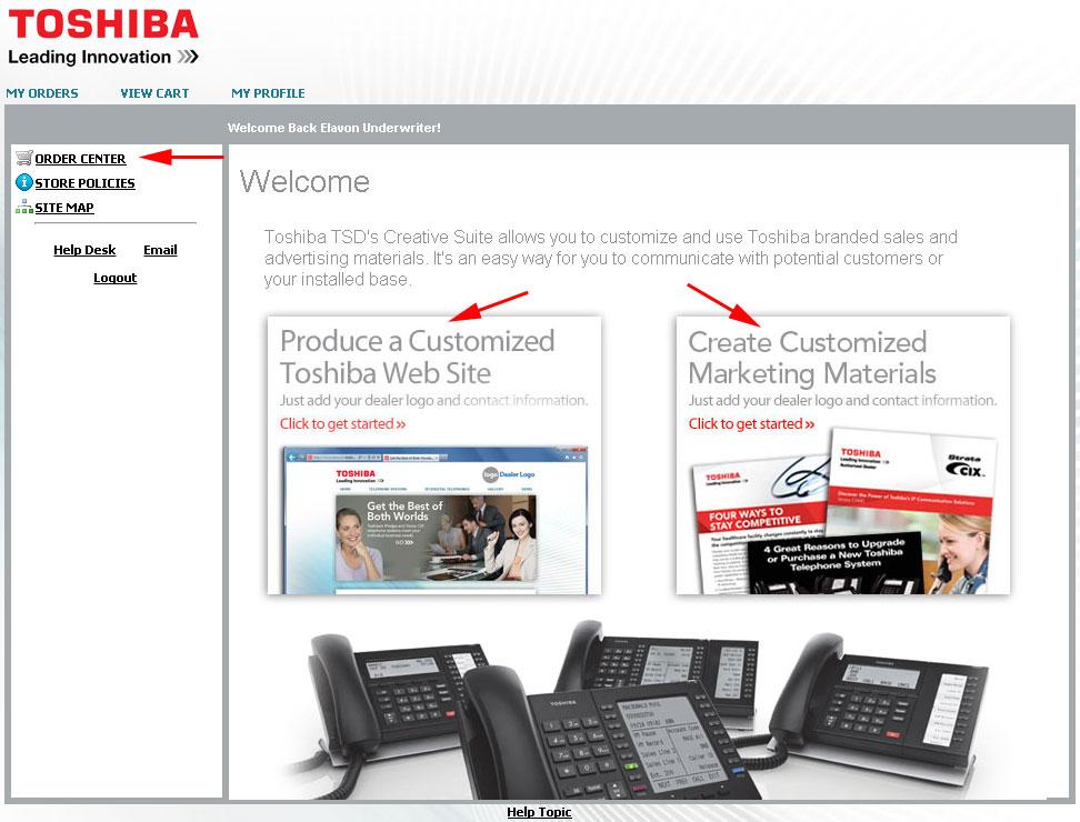 Step A: Finding Your Products Choose Between Customizing a Toshiba Microsite or Customizing Marketing Materials From the index page, click one of the two action buttons to either begin