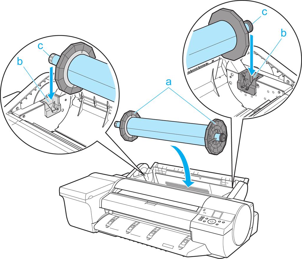 Loading Rolls in the Printer ipf6400 User's Guide (HTML) 1 Press the Load button. Handling Paper Handling rolls 2 Press or to select Roll Paper, and then press the OK button.