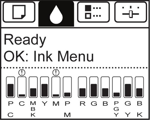 Replacing Ink Tanks ipf6400 Access the menu for Ink Tank replacement 1 On the Tab Selection screen of the Control Panel, press or to select the Ink tab ( ).