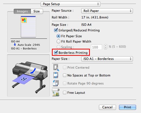 Click OK to close the Information dialog box. 5. Select Fit Paper Size, Scale to fit Roll Paper Width, or Print Image with Actual Size.