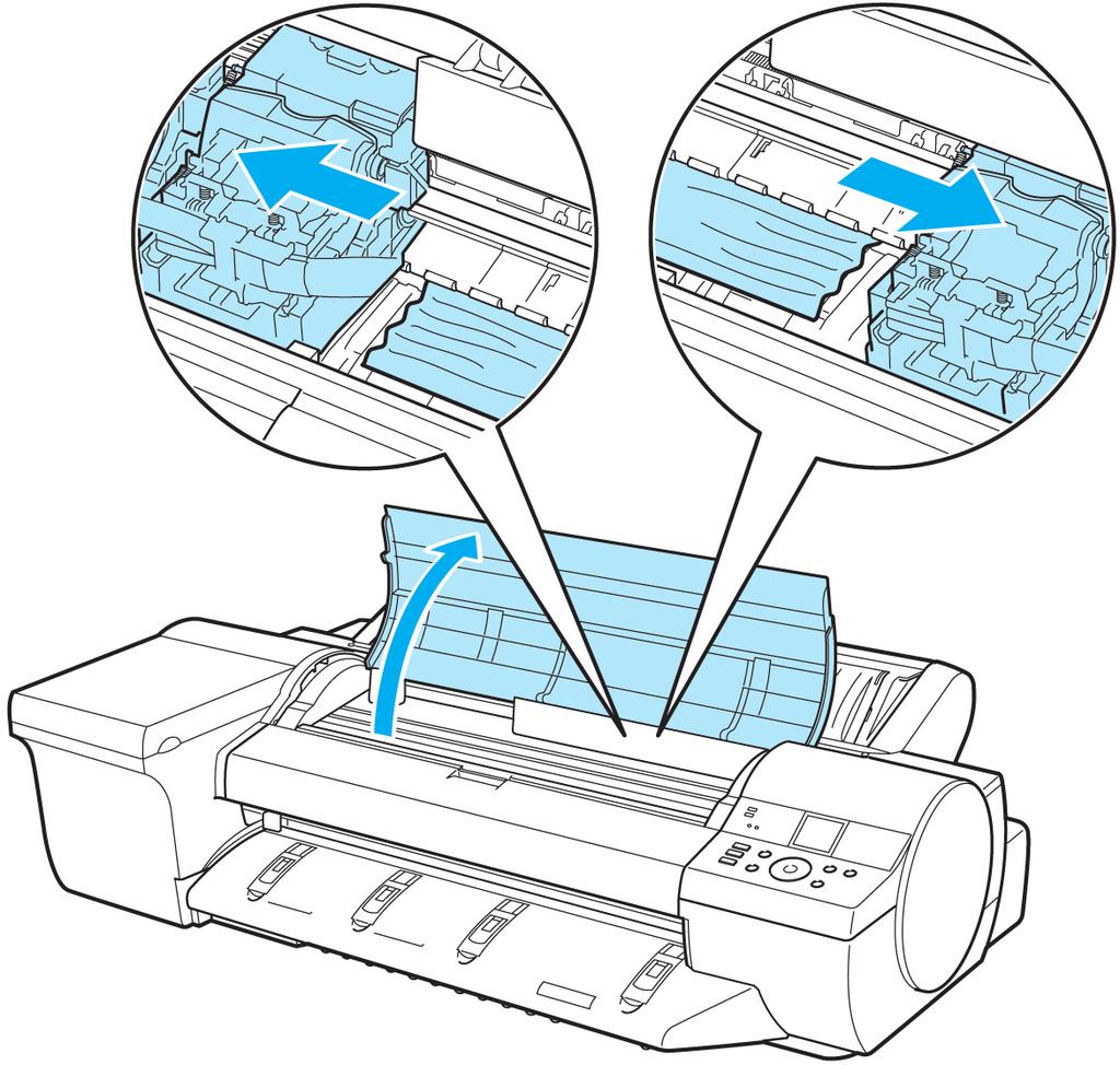 Clearing Jammed Roll Paper ipf6400 3 Remove the jammed paper. If paper is jammed inside the Top Cover User's Guide (HTML) 1. Open the Top Cover and move the Carriage to the side.