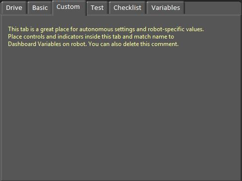 Custom The Custom tab allows you to add additional controls/indicators to the dashboard using LabVIEW without
