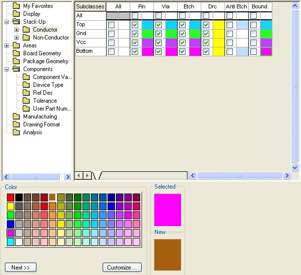Managing the PCB Editor Work Environment Lesson 2 Controlling Colors To change the colors of some of the subclasses in the Stack-Up folder, follow these steps. 1.