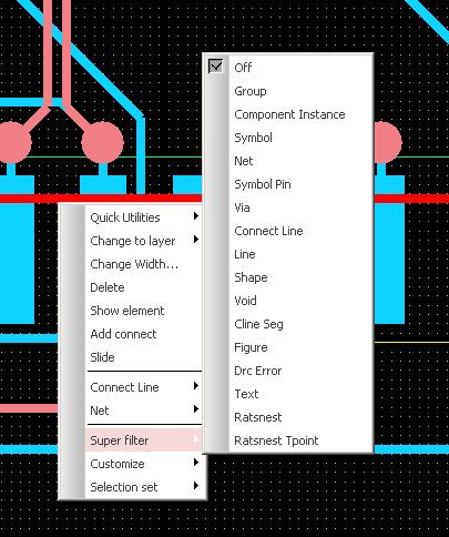 Managing the PCB Editor Work Environment Lesson 2 Using the Super Filter The Super filter lets you choose a particular element type to refine your selection set and temporarily disable all other