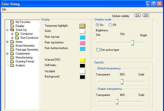 Lesson 2 Managing the PCB Editor Work Environment Graphics Dimming or Shadow Mode Toggles on/off Shadow Mode The Graphics Dimming or Shadow Mode option gives you the ability to provide distinct