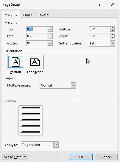PAGE SETUP MARGINS 1. Click on the Layout tab and click on the Page Setup window button in the Page Setup section 2. Click on the Margins tab 3.