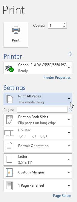 PRINTING PRINT PREVIEW 1. Click on the File tab 2. Click on Print The Print window will appear. Your document will appear in the preview pane at the right. 3.