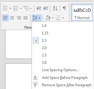 PARAGRAPH FORMATTING Line spacing The default line spacing in Word 2016 is 1.15. To increase or decrease the line spacing: On the HOME tab, select the LINE SPACING icon from the PARAGRAPH group.