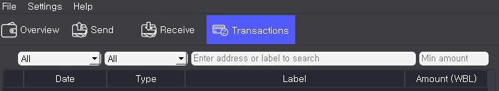 Transaction histories can be checked by search entries including date, type, label