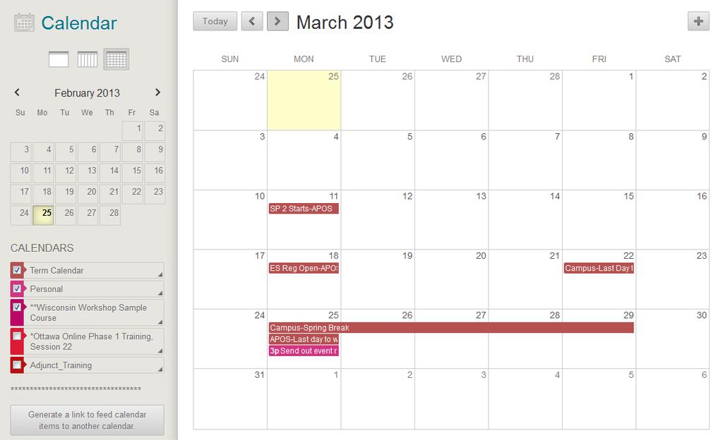 Click the plus (+) to create a new event. You can also click inside a date to create an event.