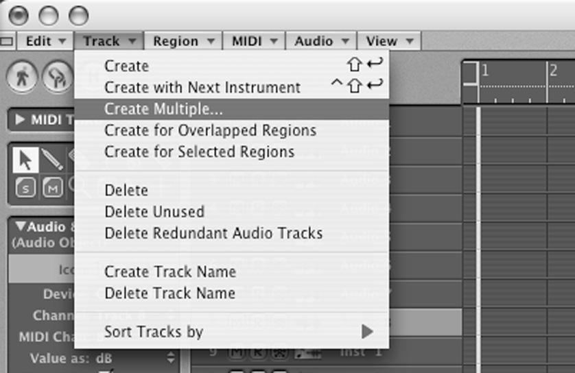 04 LogicPro7Power CH04 11/21/04 8:10 PM Page 87 Q Setting Up Your Arrange Window Figure 4.18 You can very quickly add multiple tracks to the Arrange window with the Create Multiple command.
