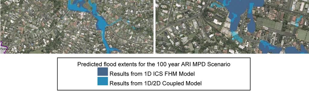 The integrated 1D/2D model was run for the 10, 50 and 100 year ARI rainfall events for the Existing and Maximum Probable Development land use scenarios.