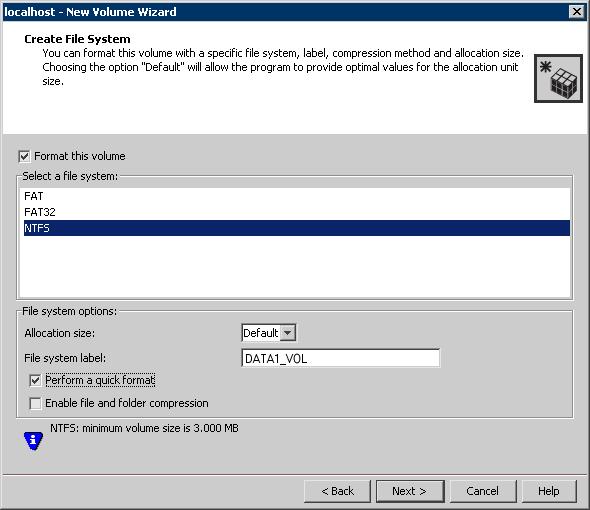 Installing and configuring Oracle Managing storage using SFW 23 9 Create a file system on the new volume and then click Next.