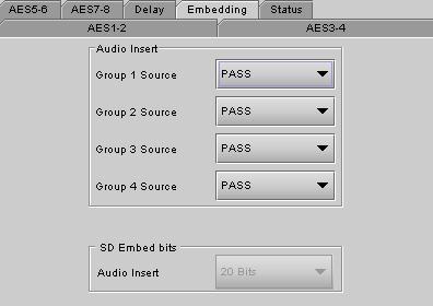 The status tab monitors some of the information carried in the AES inputs channel status.. To configure the AES digital audio signals, access the AES1-2 through AES7-8 tabs.