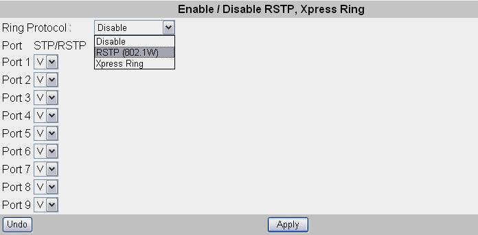 8.4 Bridge Menu The Bridge menu is used for configuring the Spanning Tree Algorithm and Xpress Ring settings, as well as the traffic class priority threshold and the address aging time.