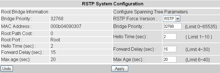 8.4.2 RSTP System Configuration This screen allows the user to enter the RSTP parameters for the Switch. Please note: users must select RSTP (802.