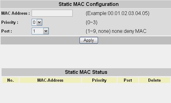 8.10.3 Static MAC Configuration Here the user can select a static MAC configuration for certain port(s) of the Switch.