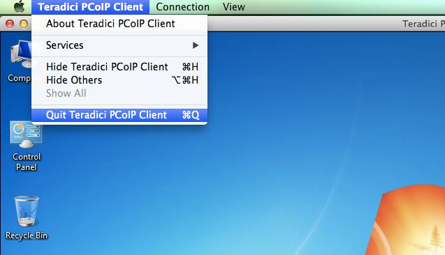 Disconnecting a Session To disconnect a PCoIP session from either client, but still leave the PCoIP Software Client application running, select the Connection > Disconnect menu option.