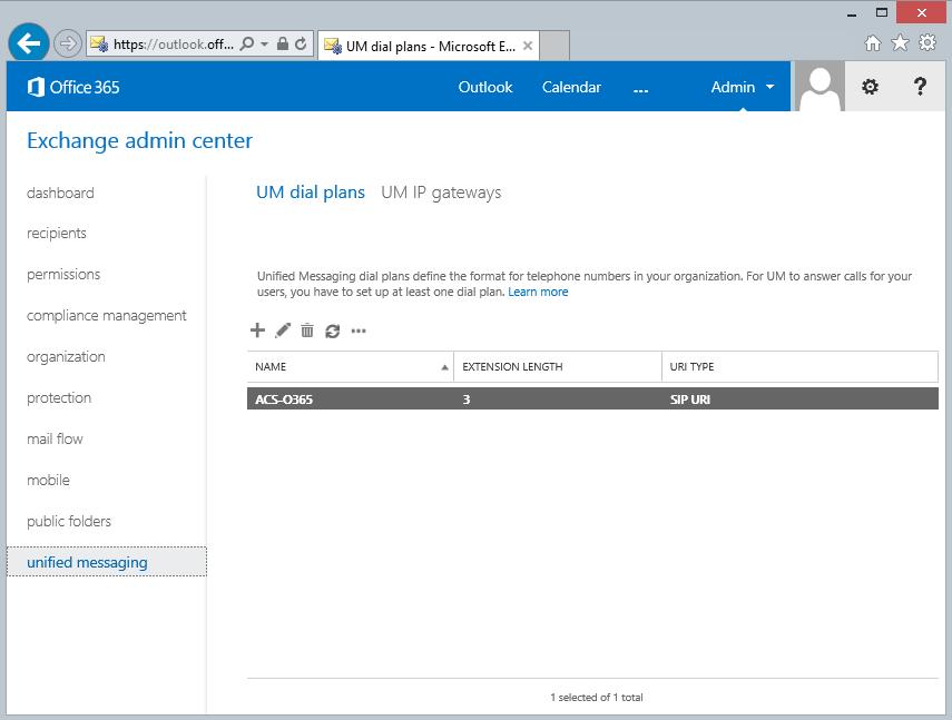Installation Manual 15. Office 365 Integration 15.7 Adding a Dial Plan to Exchange Online 1. Log onto the Office 365 Wave 15 tenant using a Web browser and your Office 365 Administrator account. 2.