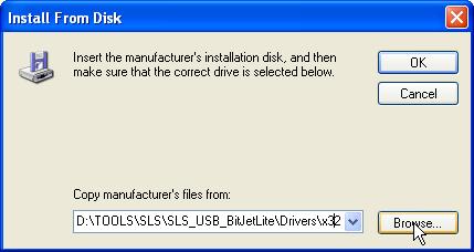 Click on Have Disk button and browse to the location your <USB BitJetLite Installation Path>\Drivers\(x32