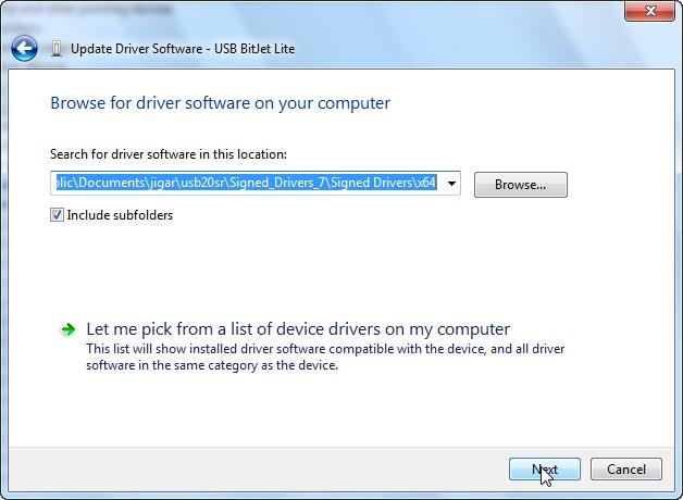 USB BitJetLite Hardware and Software Setup Figure 2-21. Driver Installation Directory Selection 8. Windows security dialog box pop up.