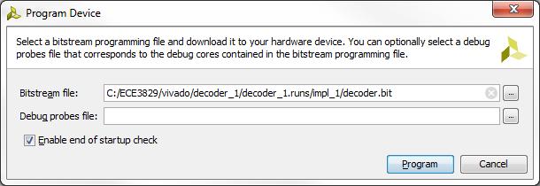Click on Program Device and select the decoder.bit bitstream (automatically filled in): Then select Program (ignore the warning about the missing debug core and the rule violation).