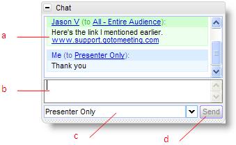 in Chat feature in the Chat Pane. Or, attendees can just chat with the organizer or presenter. The chat log displays the text of all public chat and chat between two attendees.