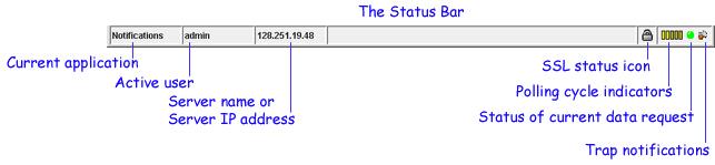 Viewing Status Information On the right-hand side of the Status Bar in the example above are a Secure Socket Layer (SSL) status icon, five polling cycle indicators, and two status indicators and :