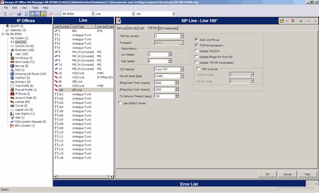 When Fax Transport Support is selected, the T38 Fax tab becomes editable. In the T38 Fax tab, by default, Use Default Values will be checked.