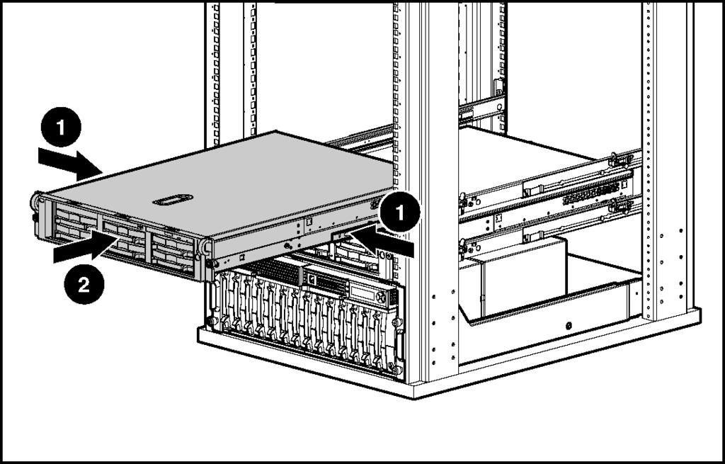 Setup and Installation of the Packaged Cluster 7. Press the rail-release latches and slide the server into the rack.