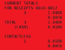 Cashback subtotal Contactless subtotal Current Totals details the number and value of Sales (DR) and Refunds