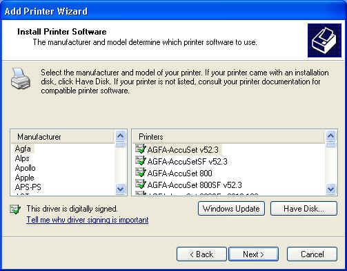 The Printer Install Wizard will now prompt for