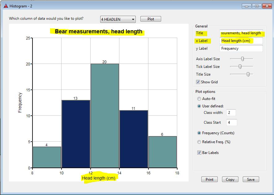 For example, for the bear s head length histogram, I will change the starting lower class limit to 4.