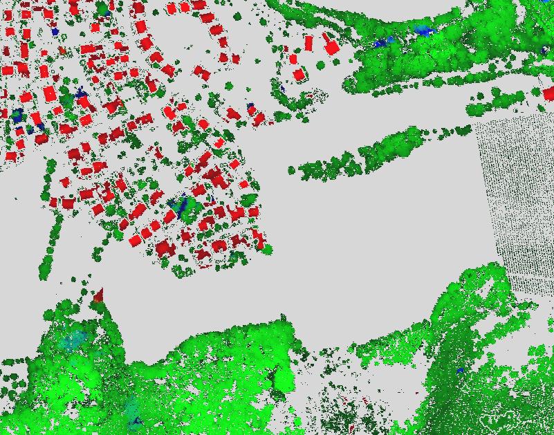 Figure 3. Classification results of hierarchical fuzzy logic approach (red - buildings, green vegetation, blue terrain) 5.