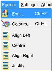 The Format menu (image below) helps you change the visual aspects of your document. From this menu you can change the Fonts and the Colours of the document or change alignment of current paragraph.