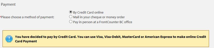 Credit Card Online Payment Payment by credit card is accepted n Visa, Visa-Debit, mastercard or American Express. You will be directed to a credit card payment screen to complete your payment.