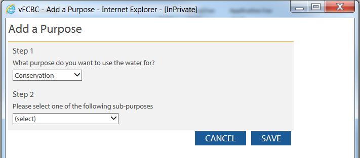 You will need to click on each of the drop down boxes and select the purpose and sub-purpose of your water use.