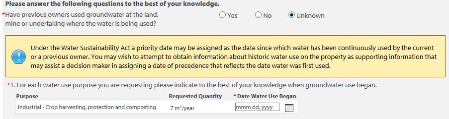 When finished, move to the next screen by clicking the button. History of Water use You will be asked to enter the date when the groundwater use began.