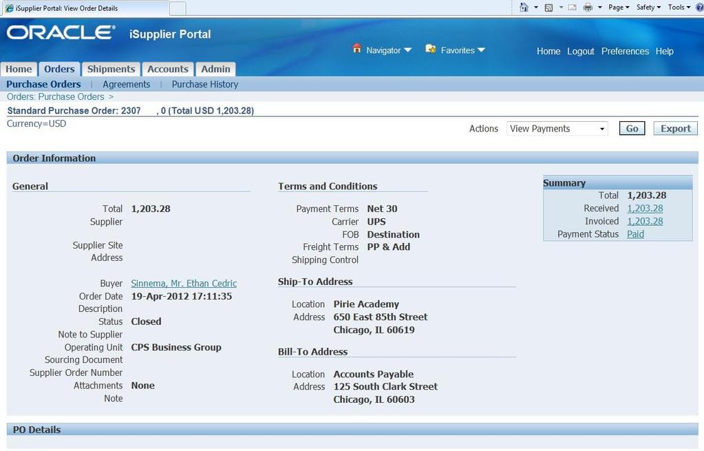 View Payments This functionality allows Suppliers to view Payments through the portal.