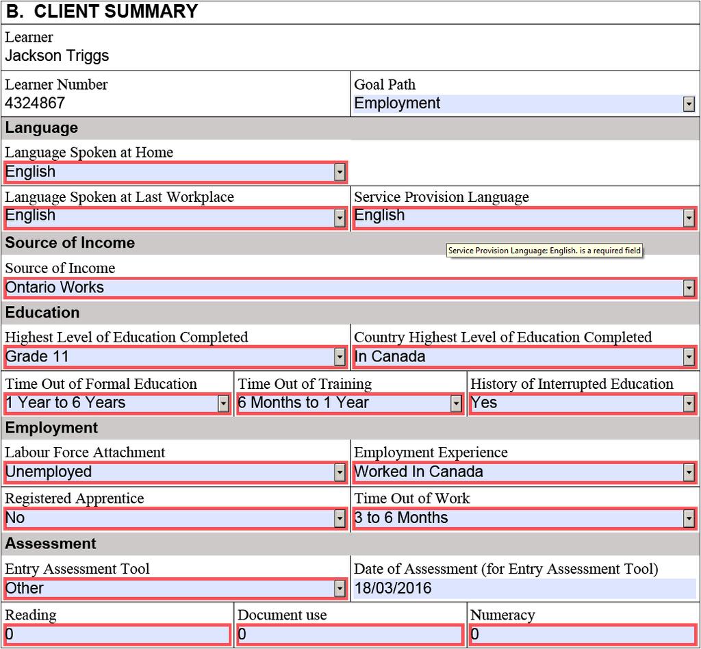 8.7.4.3 Client Summary The information in the Client Summary section is identical to the Client Summary page in EOIS-CaMS.