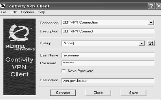 1 To start the VPN Client Software, click Start > Programs > Nortel Networks > Contivity VPN Client. The VPN Client dialog box is displayed. Important: Do NOT click the Save Password check box.