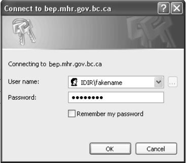 Section 2 Getting Started 7 Type http://bep.eia.gov.bc.ca in the Address box and press Enter. The following dialog box is displayed. Important: Do NOT click the Remember my password check box.
