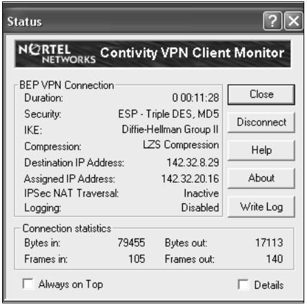 Section 2 Getting Started The Contivity VPN Client Monitor dialogue box is displayed.