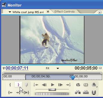 3.The Monitor Window Premiere Pro 1.5 H O T 8. Move the current time indicator to the point just after the snowboarder lands, about 00;00;07;11. Click the Set Out Point button.