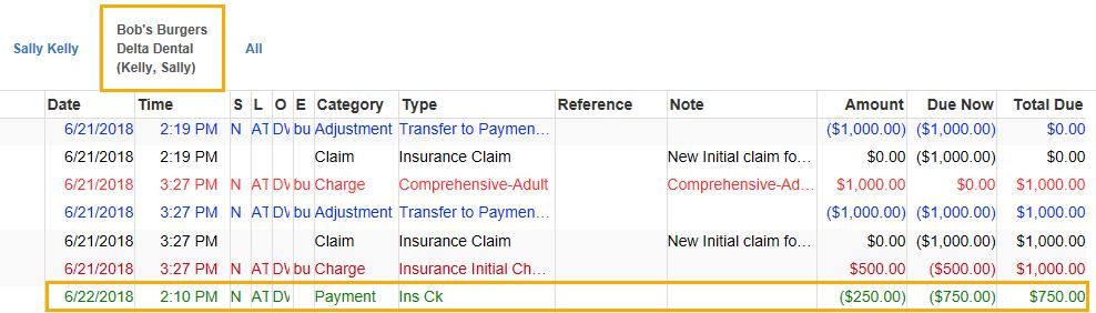 8. Click Save. The patient ledger displays. 9. Click Reload. The insurance payment is applied to the insurance ledger.