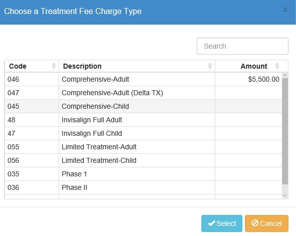 In the Treatment Fee Charge Type field, click Lookup. The Choose a Treatment Fee Charge Type dialog box displays. 5. Select the desired treatment fee charge type and click Select.