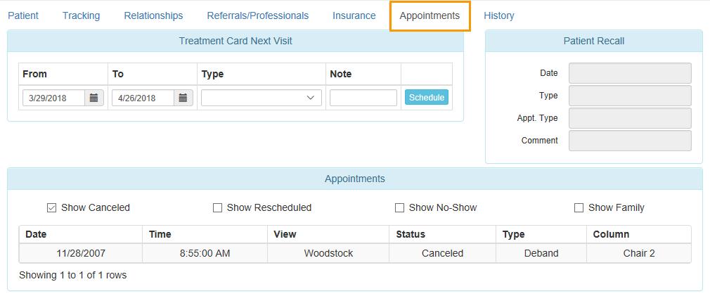 Appointments Tab From the Edit Patient window, click the Appointments tab. The Appointments tab will display the following future and past appointments.
