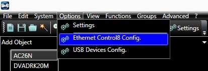 on 4) In DVA Network software open Menu->Option->Ethernet Control8 Config. A window will appear showing the current Ethernet IP Address and ports number used by the Control 8.